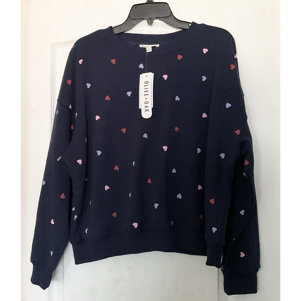 OLIVE + OAK Women's Multi Heart Crew Sweatshirt Size M, Navy NWT